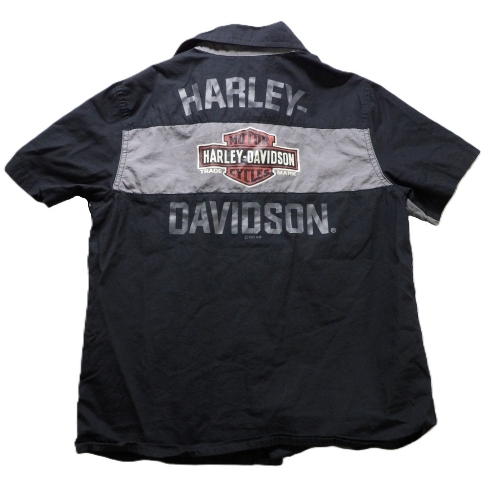 Harley-Davidson Boys 6/7 Black Gray Button Up Shop Shirt Motorcycle Biker Logo